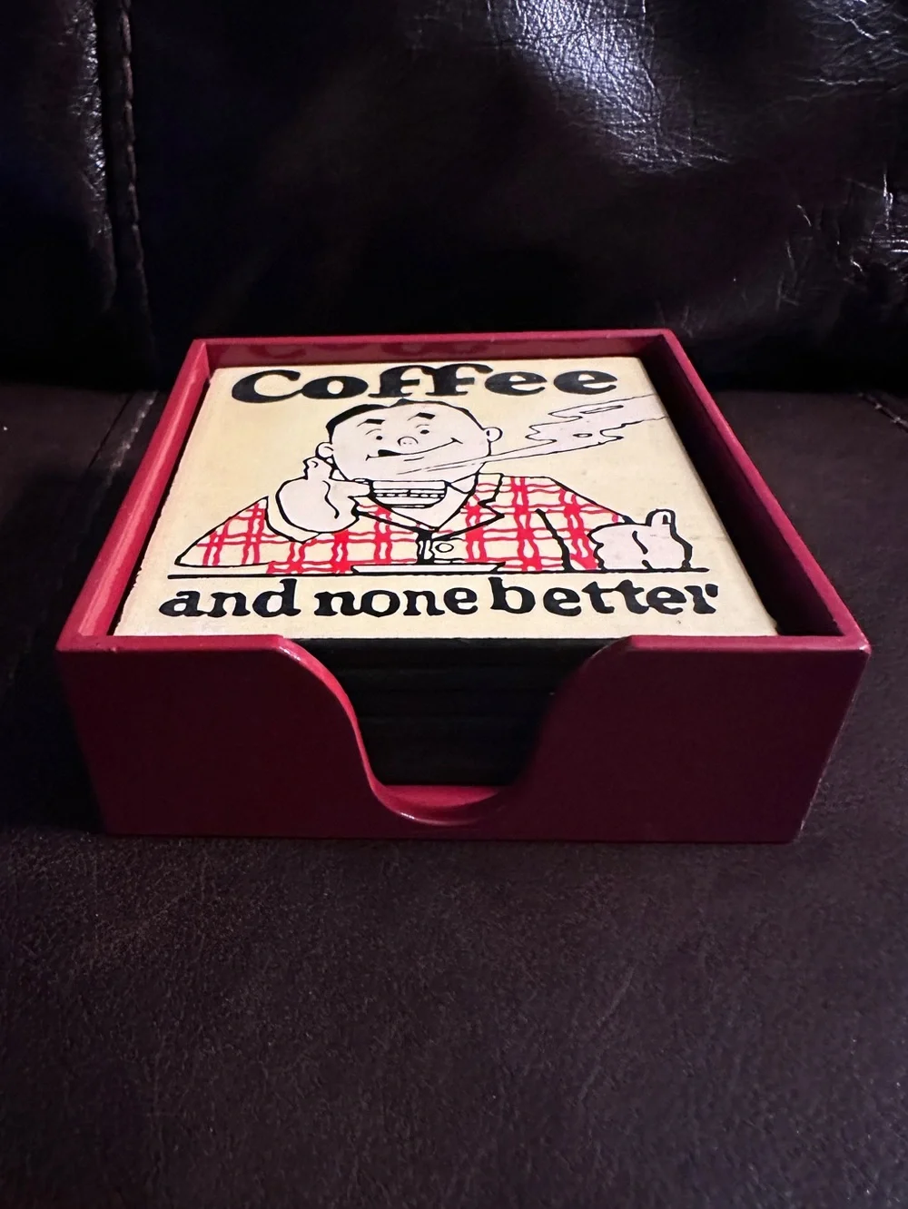 Vintage Retro Coffee Coasters Set of 6 with Red Box Holder